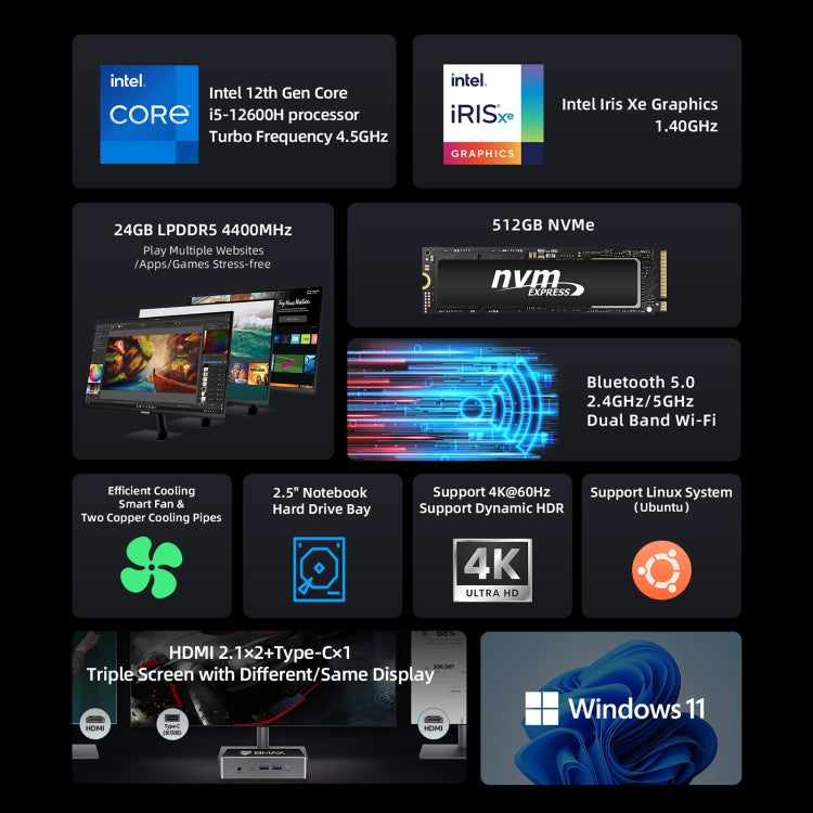 BMAX B8 Plus Windows 11 Mini PC, 24GB+512GB, Intel Core i5-12600H, Support 3 Monitors Output(EU Plug) - Windows Mini PCs by BMAX | Online Shopping UK | buy2fix
