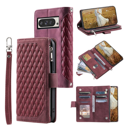 For Google Pixel 9 Pro XL Grid Texture Zipper Leather Phone Case with Lanyard(Wine Red) - Google Cases by buy2fix | Online Shopping UK | buy2fix