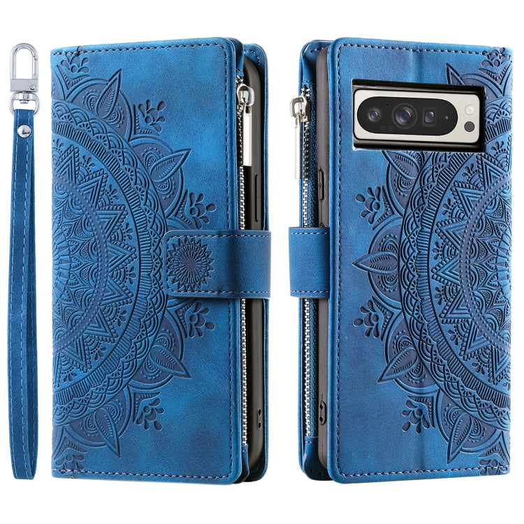 For Google Pixel 9 Pro XL Multi-Card Totem Zipper Leather Phone Case(Blue) - Google Cases by buy2fix | Online Shopping UK | buy2fix