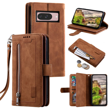 For Google Pixel 9 / 9 Pro Zipper Wallet Bag Horizontal Flip PU Phone Case with 9 Card Slots(Brown) - Google Cases by buy2fix | Online Shopping UK | buy2fix