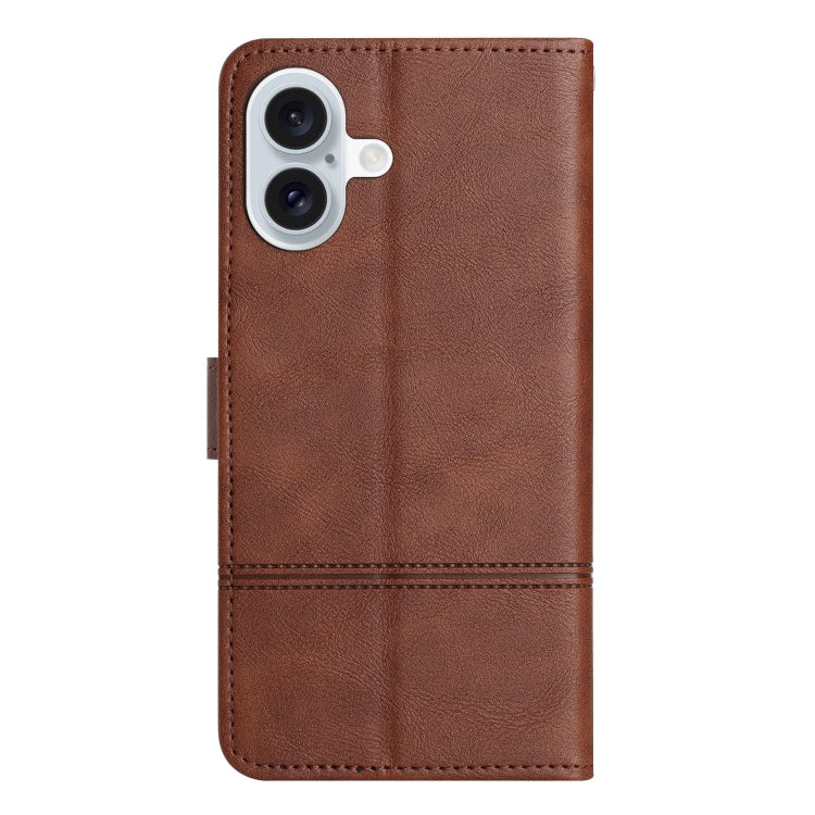 For iPhone 16 Plus Cowhide Texture Stitching Leather Phone Case(Coffee) - iPhone 16 Plus Cases by buy2fix | Online Shopping UK | buy2fix