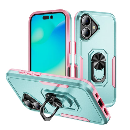 For iPhone 16 Pioneer Armor Heavy Duty PC + TPU Phone Case with Holder(Green+Pink) - iPhone 16 Cases by buy2fix | Online Shopping UK | buy2fix