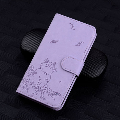 For Google Pixel 9 Pro XL Cute Cat Embossed Leather Phone Case(Purple) - Google Cases by buy2fix | Online Shopping UK | buy2fix