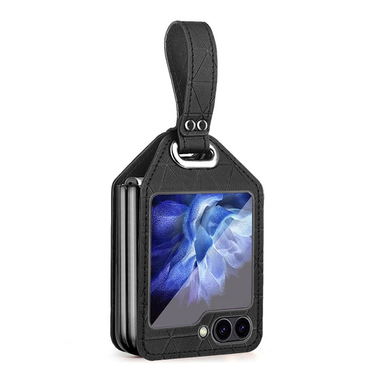 For Samsung Galaxy Z Flip6 Electroplating PC Hybrid PU Leather Phone Case with Wristband(Black) - Galaxy Z Flip6 5G Cases by buy2fix | Online Shopping UK | buy2fix