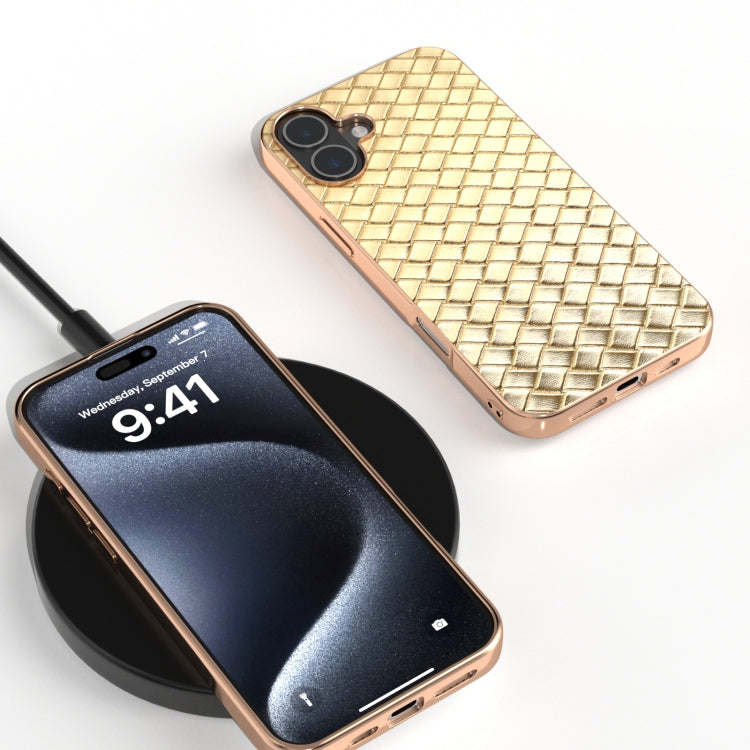 For iPhone 16 Electroplated Frame Woven Texture PU Phone Case(Gold) - iPhone 16 Cases by buy2fix | Online Shopping UK | buy2fix