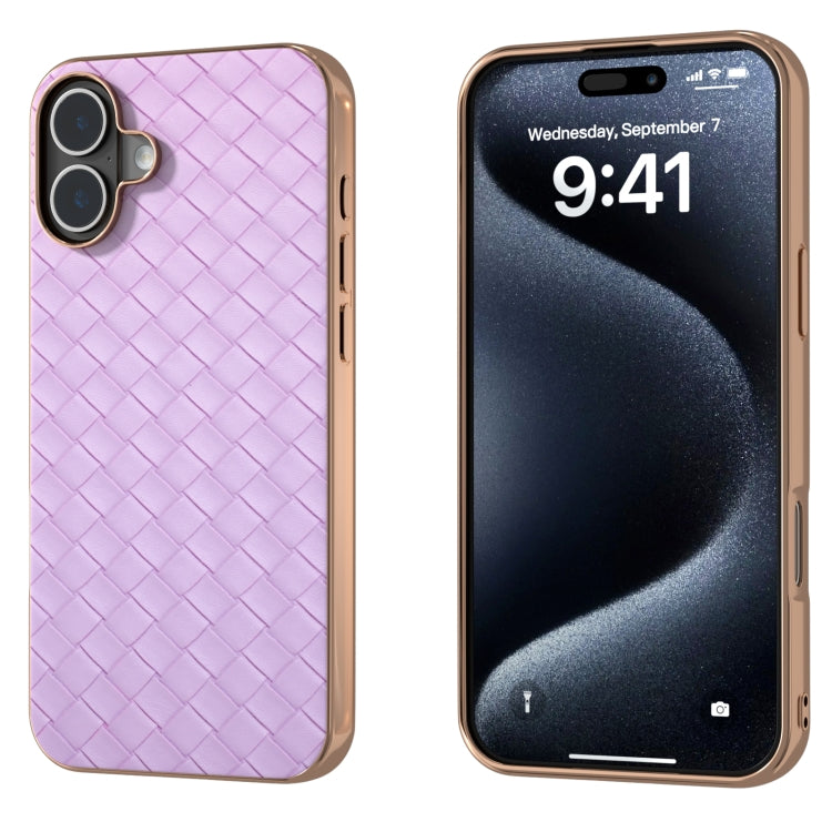 For iPhone 16 Electroplated Frame Woven Texture PU Phone Case(Purple) - iPhone 16 Cases by buy2fix | Online Shopping UK | buy2fix