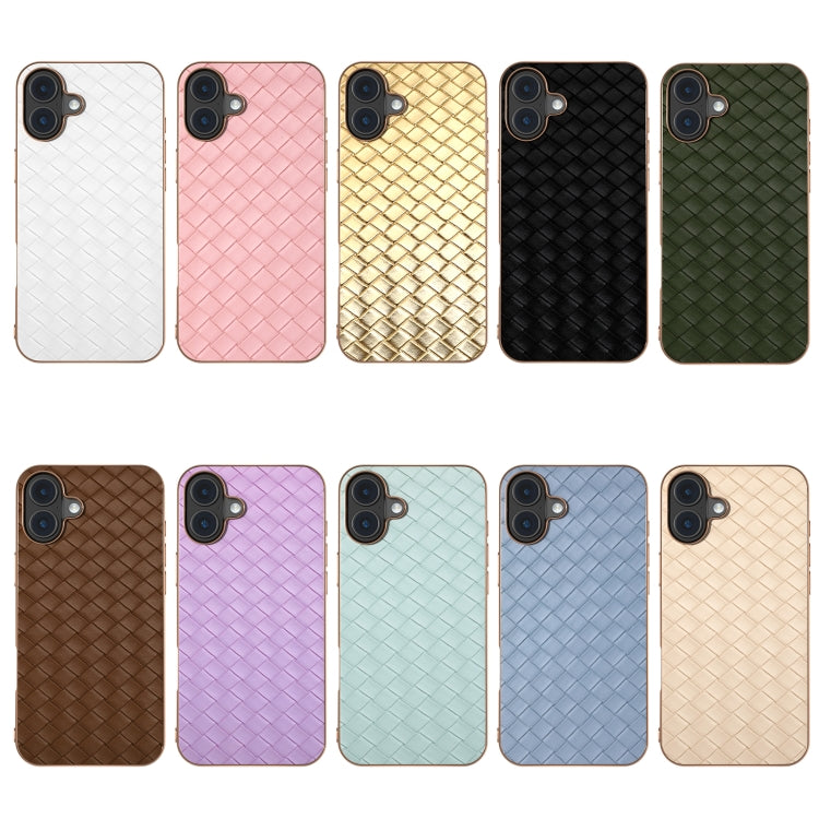 For iPhone 16 Electroplated Frame Woven Texture PU Phone Case(Beige) - iPhone 16 Cases by buy2fix | Online Shopping UK | buy2fix