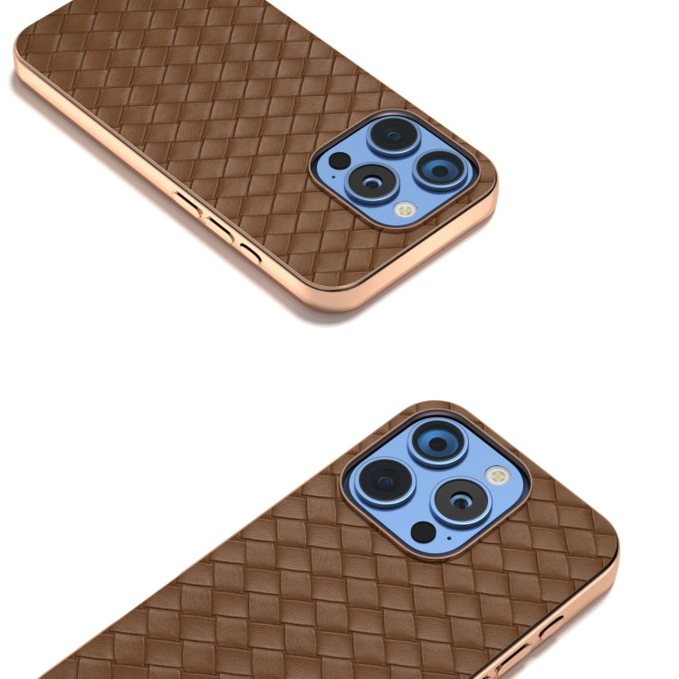 For iPhone 16 Pro Max Electroplated Frame Woven Texture PU Phone Case(Brown) - iPhone 16 Pro Max Cases by buy2fix | Online Shopping UK | buy2fix