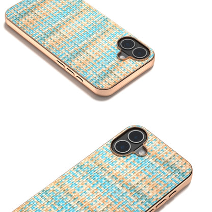 For iPhone 16 Plus Electroplated Frame Color Lattice Texture PU Phone Case(Blue) - iPhone 16 Plus Cases by buy2fix | Online Shopping UK | buy2fix