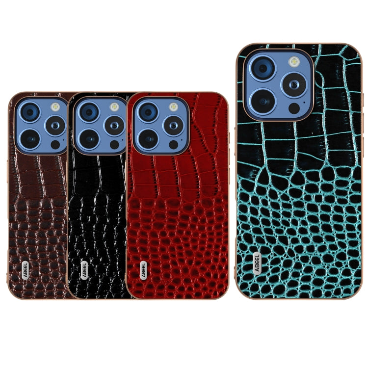 For iPhone 16 Pro ABEEL Electroplated Frame Genuine Leather Crocodile Pattern Phone Case(Red) - iPhone 16 Pro Cases by buy2fix | Online Shopping UK | buy2fix