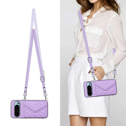 For Google Pixel 9 / 9 Pro Rhombic Texture Card Bag RFID Phone Case with Long Lanyard(Light Purple) - Google Cases by buy2fix | Online Shopping UK | buy2fix