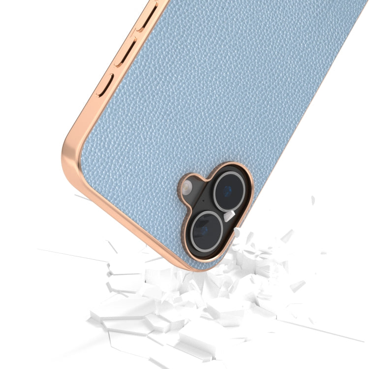 For iPhone 16 ABEEL Genuine Leather Mino Series Nano Plating Phone Case(Blue) - iPhone 16 Cases by buy2fix | Online Shopping UK | buy2fix