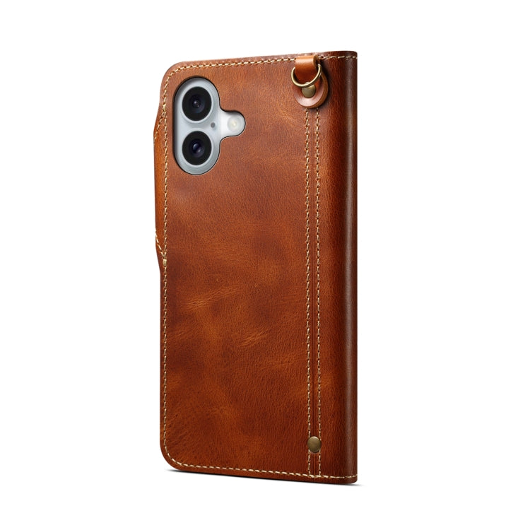 For iPhone 16 Denior B01 Oil Wax Cowhide Magnetic Button Genuine Leather Case(Brown) - iPhone 16 Cases by Denior | Online Shopping UK | buy2fix