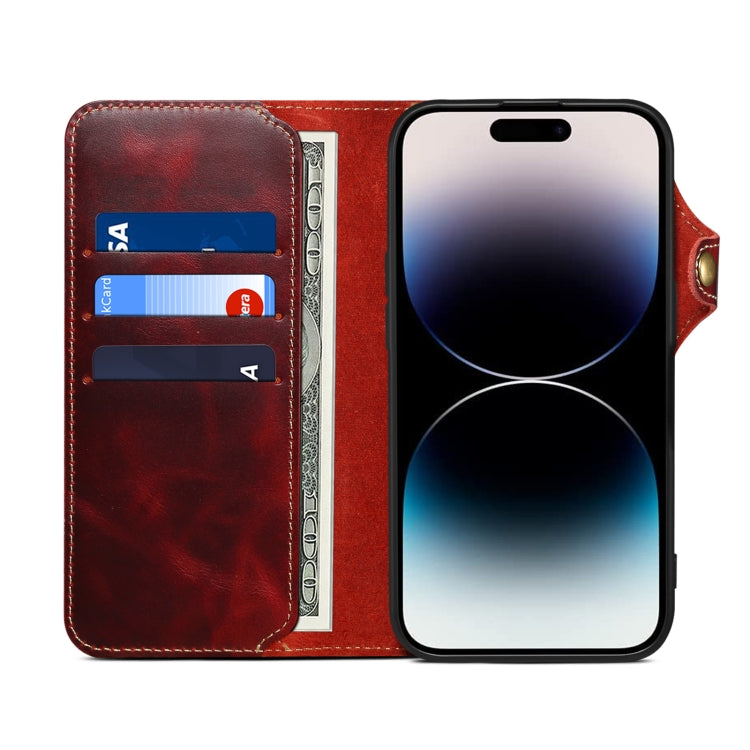 For iPhone 16 Pro Denior B01 Oil Wax Cowhide Magnetic Button Genuine Leather Case(Red) - iPhone 16 Pro Cases by Denior | Online Shopping UK | buy2fix