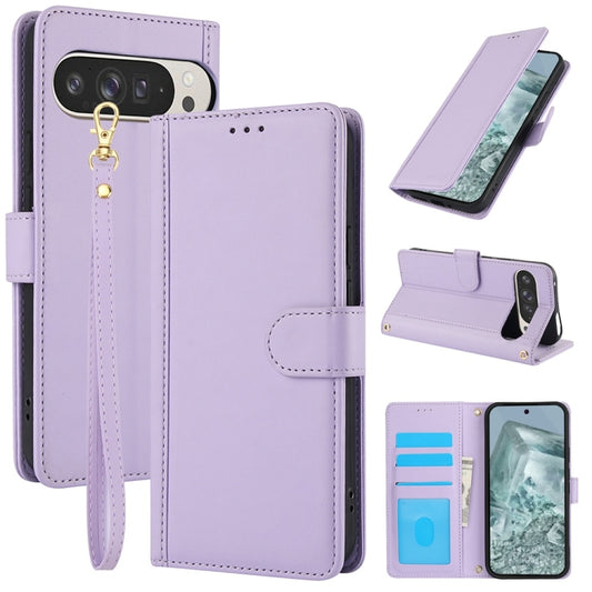 For Google Pixel 9 / 9 Pro Skin Feel Pure Color Card Slots Leather Phone Case with Dual Lanyard(Purple) - Google Cases by buy2fix | Online Shopping UK | buy2fix