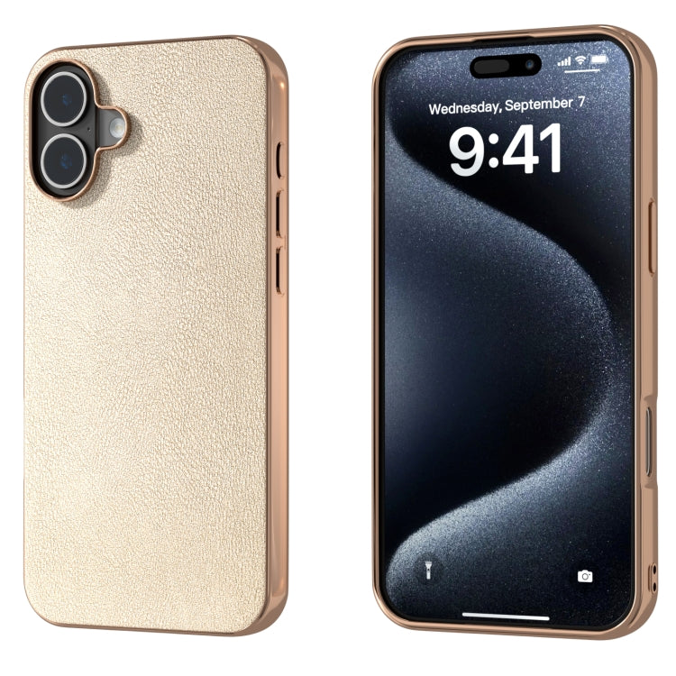 For iPhone 16 PU Leather Electroplating Frame Full Coverage Phone Case(Gold) - iPhone 16 Cases by buy2fix | Online Shopping UK | buy2fix