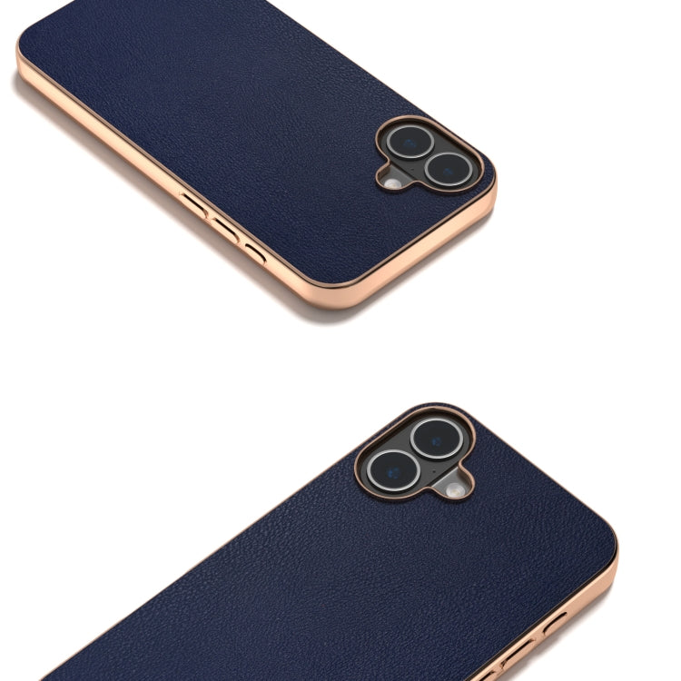 For iPhone 16 PU Leather Electroplating Frame Full Coverage Phone Case(Dark Blue) - iPhone 16 Cases by buy2fix | Online Shopping UK | buy2fix