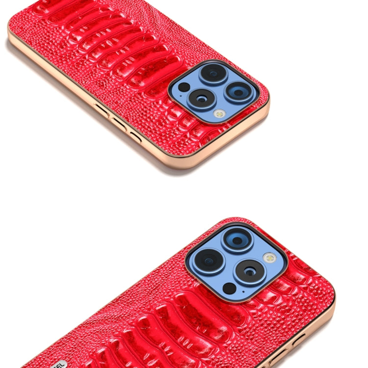 For iPhone 16 Pro ABEEL Electroplating Frame Genuine Leather Weilai Series Phone Case(Red) - iPhone 16 Pro Cases by buy2fix | Online Shopping UK | buy2fix