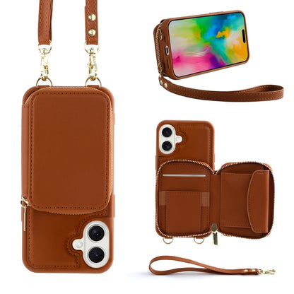 For iPhone 16 Crossbody Zipper Wallet Bag Leather Phone Case with Lanyard(Brown) - iPhone 16 Cases by buy2fix | Online Shopping UK | buy2fix