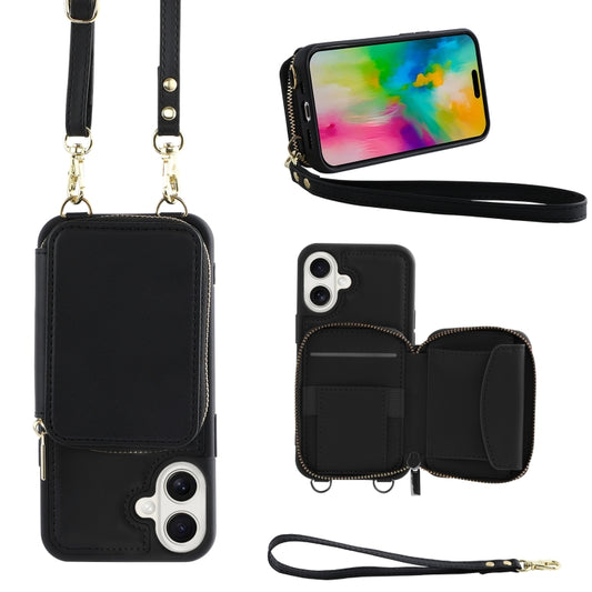 For iPhone 16 Plus Crossbody Zipper Wallet Bag Leather Phone Case with Lanyard(Black) - iPhone 16 Plus Cases by buy2fix | Online Shopping UK | buy2fix