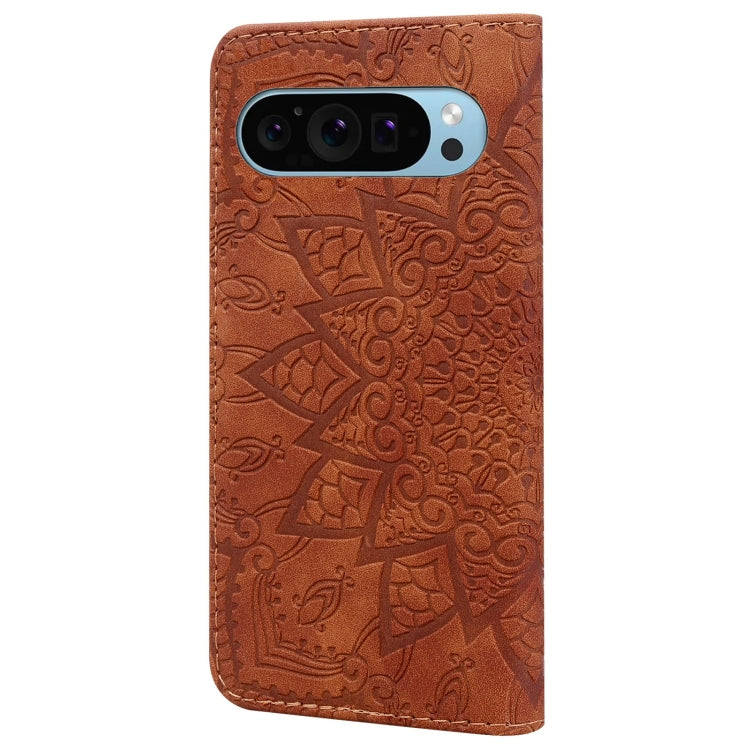 For Google Pixel 9 / 9 Pro Mandala Embossed Dual-Fold Calf Leather Phone Case(Brown) - Google Cases by buy2fix | Online Shopping UK | buy2fix