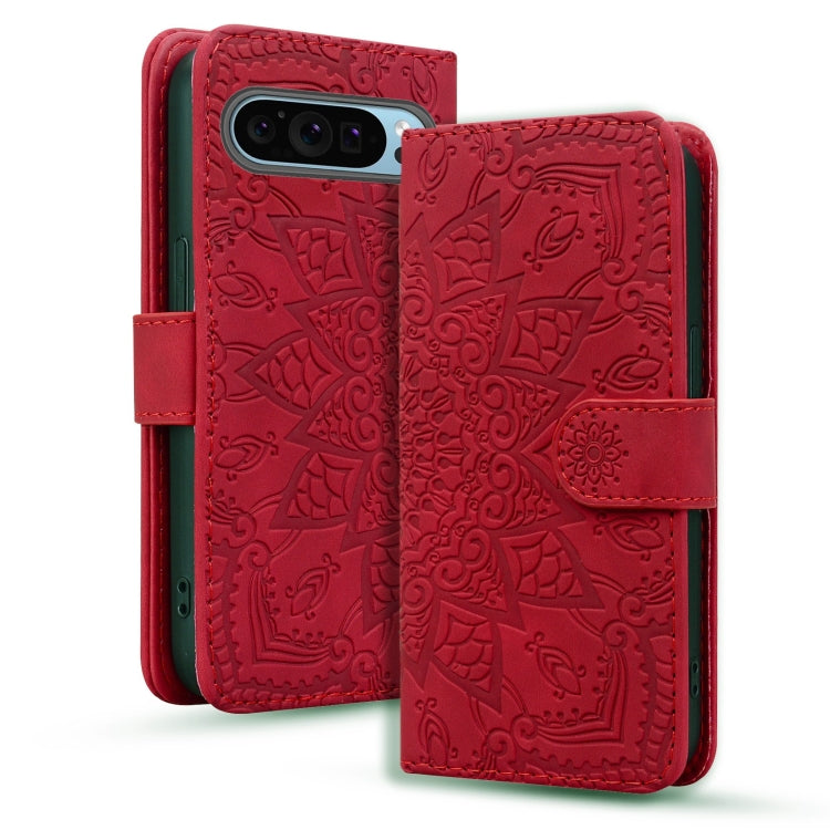 For Google Pixel 9 / 9 Pro Mandala Embossed Dual-Fold Calf Leather Phone Case(Red) - Google Cases by buy2fix | Online Shopping UK | buy2fix