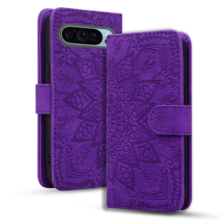 For Google Pixel 9 Pro XL Mandala Embossed Dual-Fold Calf Leather Phone Case(Purple) - Google Cases by buy2fix | Online Shopping UK | buy2fix