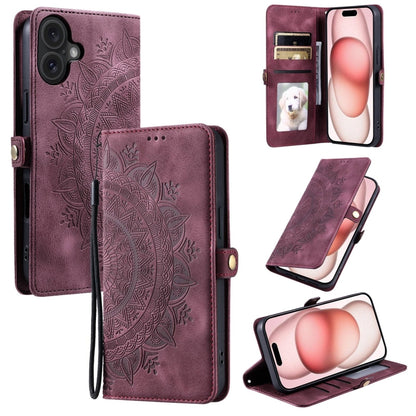 For iPhone 16 Plus Skin Feel Totem Embossed Leather Phone Case(Wine Red) - iPhone 16 Plus Cases by buy2fix | Online Shopping UK | buy2fix