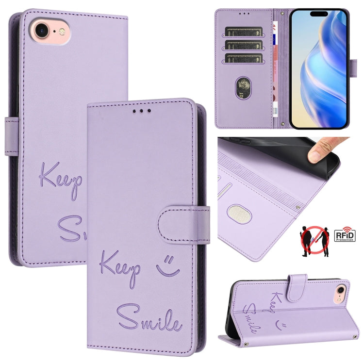 For iPhone SE 2024 Smile Embossing RFID Leather Phone Case(Light Purple) - More iPhone Cases by buy2fix | Online Shopping UK | buy2fix