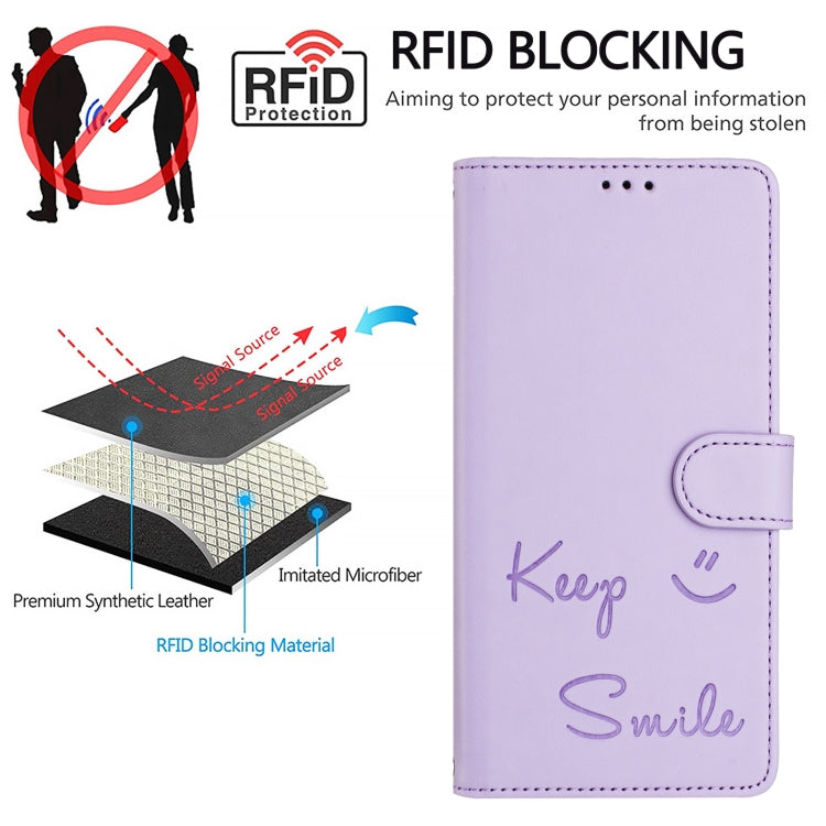 For iPhone SE 2024 Smile Embossing RFID Leather Phone Case(Light Purple) - More iPhone Cases by buy2fix | Online Shopping UK | buy2fix