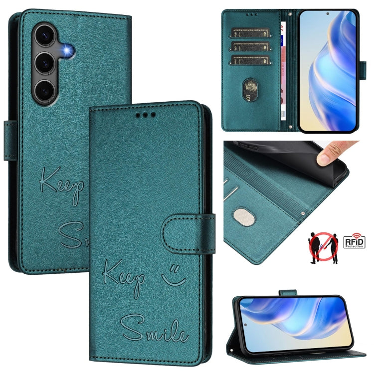 For Samsung Galaxy S25+ 5G Smile Embossing RFID Leather Phone Case(Peacock Green) - Galaxy S25+ 5G Cases by buy2fix | Online Shopping UK | buy2fix