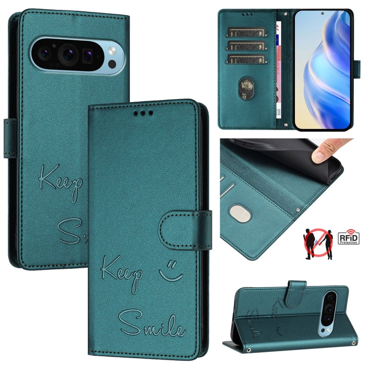 For Google Pixel 9 Pro XL Smile Embossing RFID Leather Phone Case(Peacock Green) - Google Cases by buy2fix | Online Shopping UK | buy2fix