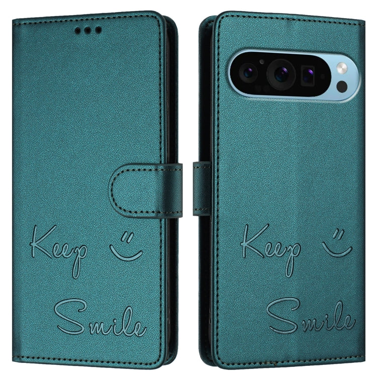 For Google Pixel 9 / Pixel 9 Pro Smile Embossing RFID Leather Phone Case(Peacock Green) - Google Cases by buy2fix | Online Shopping UK | buy2fix