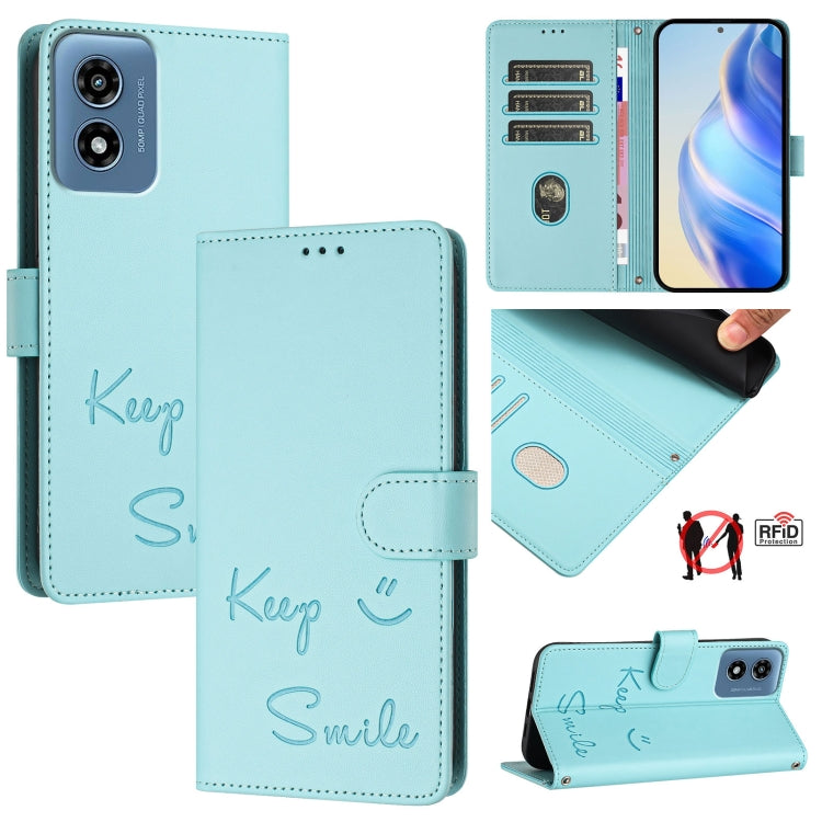 For Motorola Moto G Play 4G 2024 Global Smile Embossing RFID Leather Phone Case(Mint Green) - Motorola Cases by buy2fix | Online Shopping UK | buy2fix