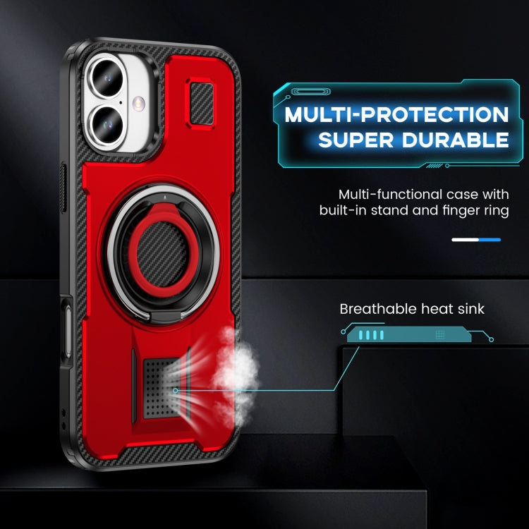 For iPhone 16 Ring Holder Carbon Fiber PC Hybrid TPU Phone Case(Red) - iPhone 16 Cases by buy2fix | Online Shopping UK | buy2fix