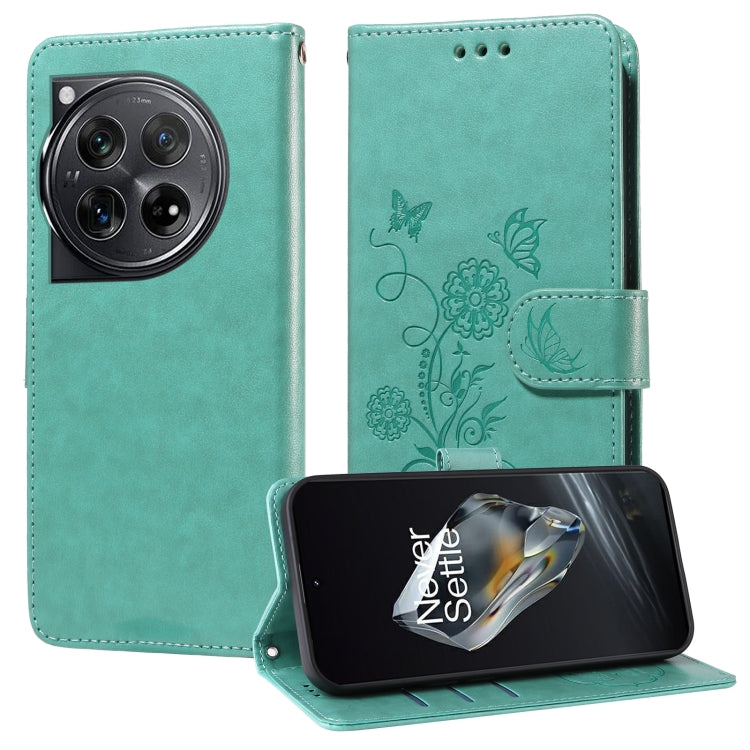 For OnePlus 12 Embossed Butterfly Flowers Leather Phone Case(Green) - OnePlus Cases by buy2fix | Online Shopping UK | buy2fix