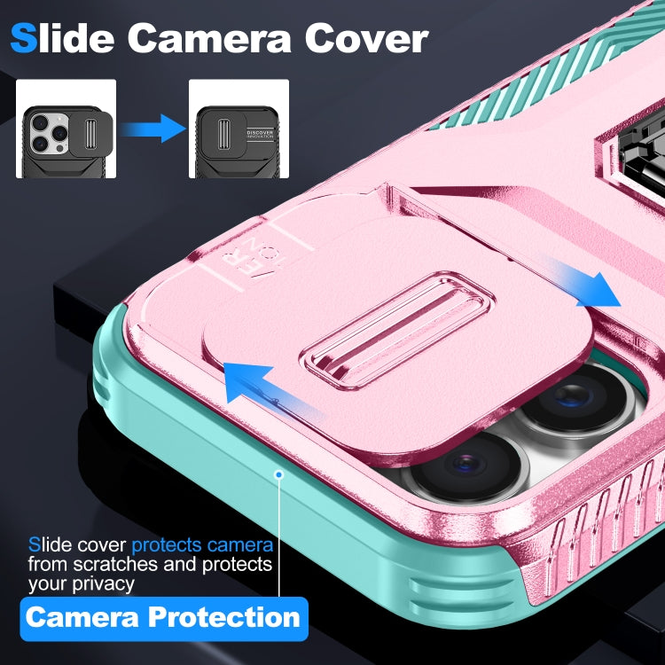 For iPhone 16 Pro Max Sliding Camshield Holder Phone Case(Pink + Grey Green) - iPhone 16 Pro Max Cases by buy2fix | Online Shopping UK | buy2fix