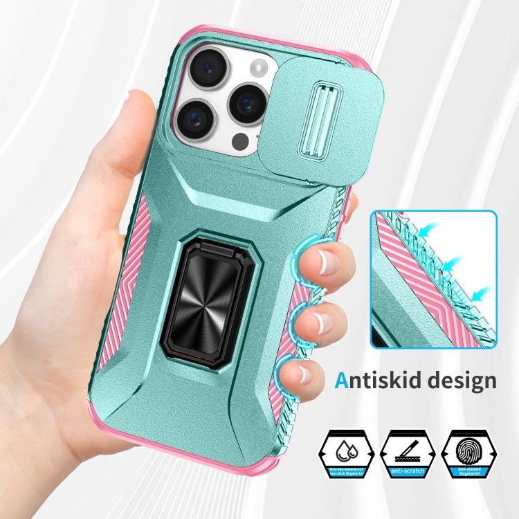 For iPhone 16 Pro Max Sliding Camshield Holder Phone Case(Grey Green + Pink) - iPhone 16 Pro Max Cases by buy2fix | Online Shopping UK | buy2fix