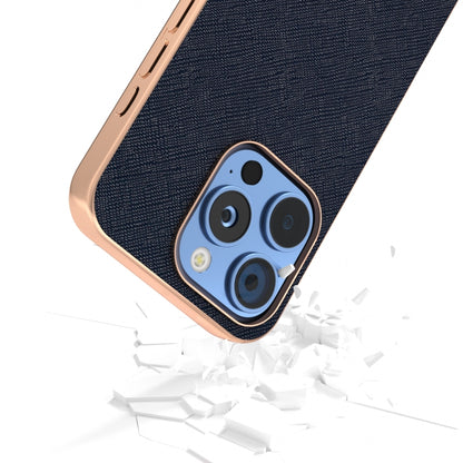 For iPhone 16 Pro Max ABEEL Electroplating Frame Cross Texture Genuine Leather Phone Case(Blue) - iPhone 16 Pro Max Cases by buy2fix | Online Shopping UK | buy2fix