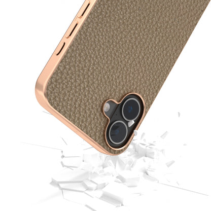 For iPhone 16 ABEEL Electroplating Frame Genuine Leather Litchi Texture Phone Case(Grey) - iPhone 16 Cases by buy2fix | Online Shopping UK | buy2fix