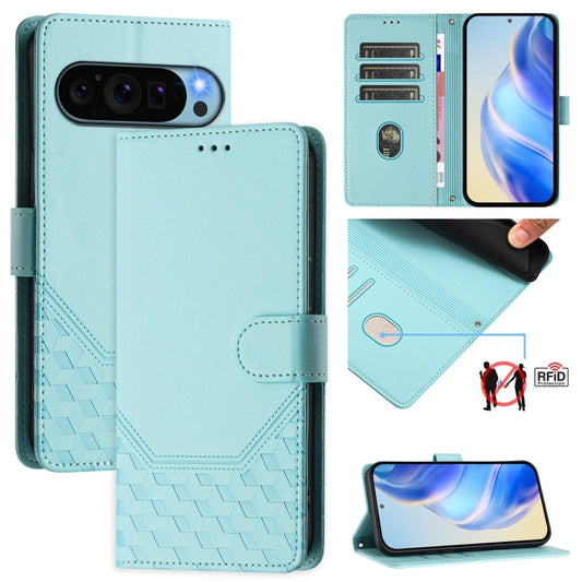 For Google Pixel 9 / 9 Pro Honeycomb Embossing RFID Leather Phone Case(Mint Green) - Google Cases by buy2fix | Online Shopping UK | buy2fix