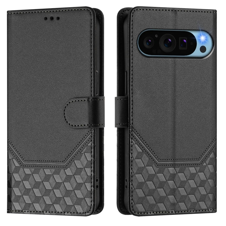 For Google Pixel 9 / 9 Pro Honeycomb Embossing RFID Leather Phone Case(Black) - Google Cases by buy2fix | Online Shopping UK | buy2fix