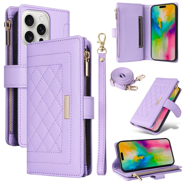 For iPhone 16 Pro Max Crossbody Zipper Wallet Rhombus Leather Phone Case(Purple) - iPhone 16 Pro Max Cases by buy2fix | Online Shopping UK | buy2fix