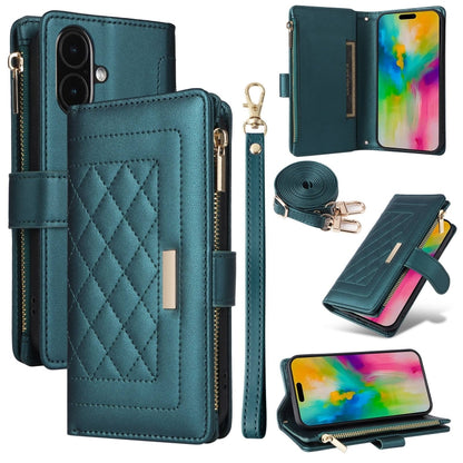 For iPhone 16 Plus Crossbody Zipper Wallet Rhombus Leather Phone Case(Green) - iPhone 16 Plus Cases by buy2fix | Online Shopping UK | buy2fix