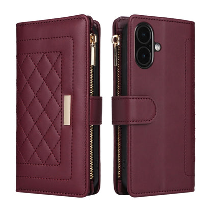 For iPhone 16 Crossbody Zipper Wallet Rhombus Leather Phone Case(Wine Red) - iPhone 16 Cases by buy2fix | Online Shopping UK | buy2fix