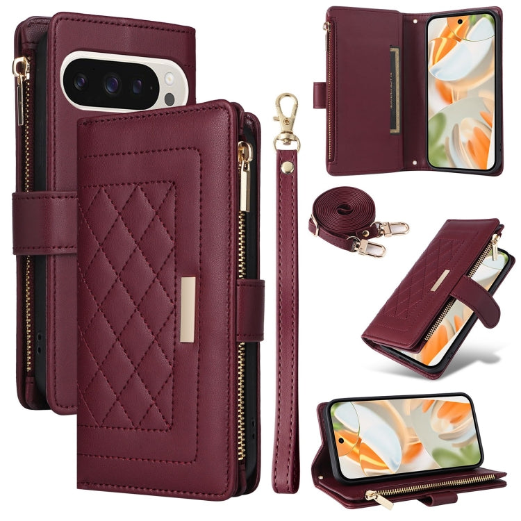 For Google Pixel 9 / 9 Pro Crossbody Zipper Wallet Rhombus Leather Phone Case(Wine Red) - Google Cases by buy2fix | Online Shopping UK | buy2fix