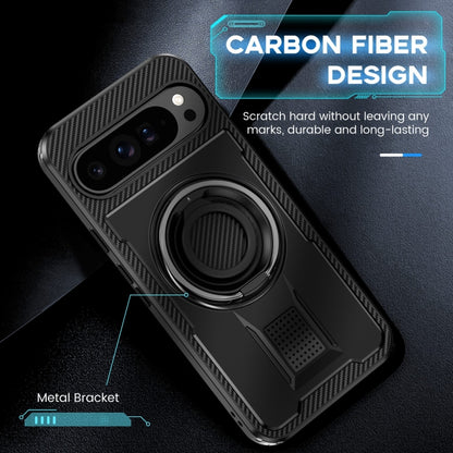 For Google Pixel 9 Pro XL Ring Holder Carbon Fiber PC Hybrid TPU Phone Case(Black) - Google Cases by buy2fix | Online Shopping UK | buy2fix