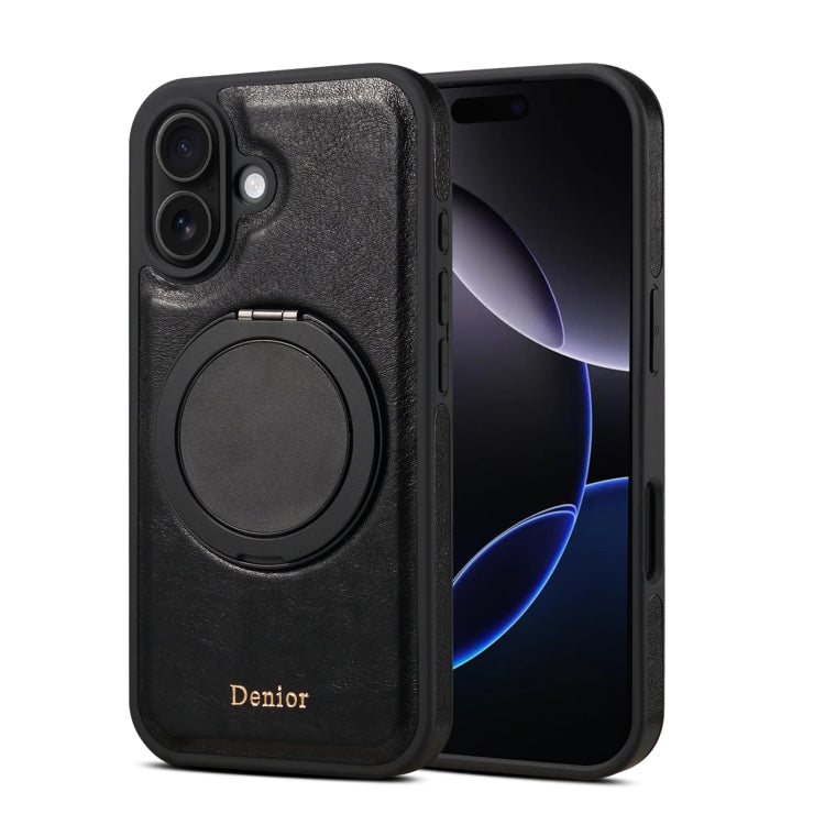 For iPhone 16 Plus Denior A17 Genuine Leather Gear Magnetic Holder Phone Case(Black) - iPhone 16 Plus Cases by Denior | Online Shopping UK | buy2fix