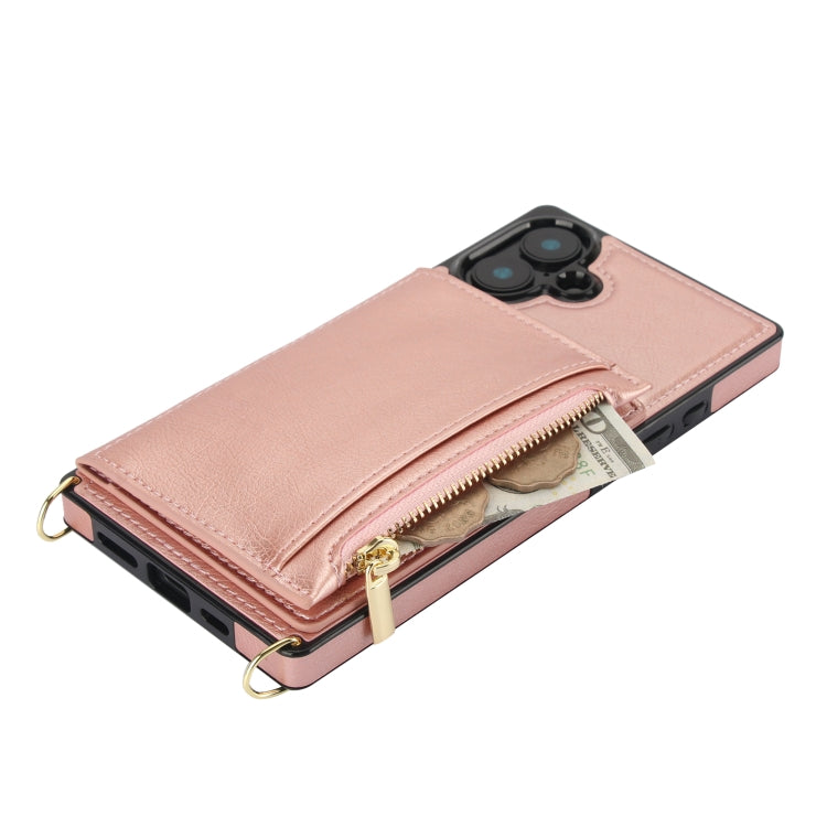 For iPhone 16 Square Zipper Wallet Bag TPU+PU Back Cover Case(Rose Gold) - iPhone 16 Cases by buy2fix | Online Shopping UK | buy2fix