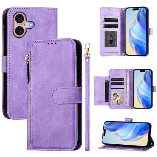 For iPhone 16 Multi-Card Slots Zipper Wallet Leather Phone Case(Purple) - iPhone 16 Cases by buy2fix | Online Shopping UK | buy2fix